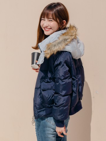 輕盈禦寒防潑水科技羽絨棉撞色可拆式連帽外套