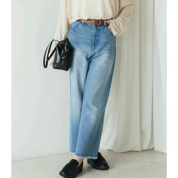日本 Bab - 簡潔流蘇12oz純棉丹寧直筒褲-淺藍