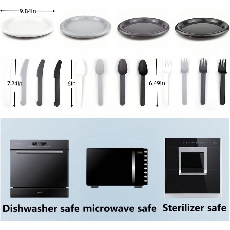 16 Piece Plastic Plates Ultra-Durable 10 inch Dinnerware Plates in Grey Dishes Set Reusable Camping Plates with Knives Forks and Spoons BPA-Free Mi