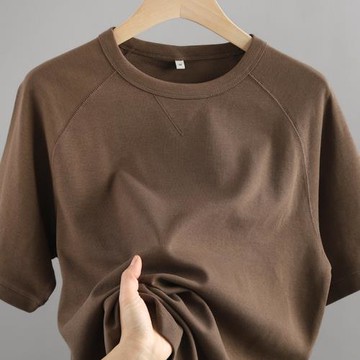 日系復古 210g重磅斜紋插肩圓領短袖T恤巧克力色簡約寬松打底上衣