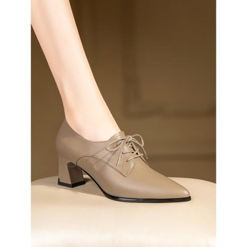 單鞋女粗跟英倫系帶皮鞋女秋季新款女鞋高跟鞋子女尖頭深口女單鞋