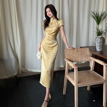【小歡喜Little Joy】 清光新中式緞面連衣裙女 夏季新款 蝴蝶印花改良旗袍