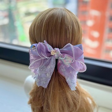 最後現貨-獨家蕾絲歐根紗蝴蝶結相交夾香蕉夾仙女夾髮夾-粉紫色