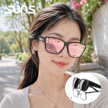 【SUNS】休閒偏光太陽眼鏡 大框近視套鏡 芭比粉 抗藍光+抗UV400/防眩光/可單戴/可套式