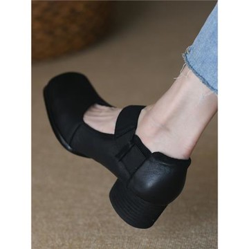 法式復古小皮鞋女粗跟2025年新款豬鼻子淺口方頭瑪麗珍單鞋女中跟