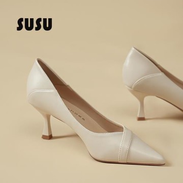 軟皮高跟鞋女職業細跟米白色成人禮不累腳高級感氣質高級感單鞋