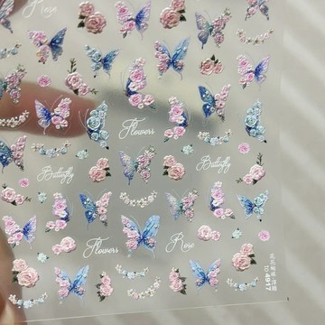 💗台灣出貨💗新款純欲蝴蝶玫瑰浮雕美甲貼紙繽紛高階蝴蝶ins防水背膠指甲貼紙