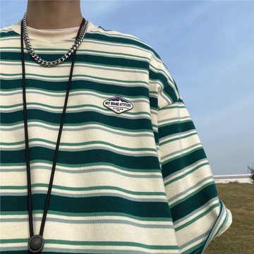 日系條紋短袖t恤男夏季美式復古cityboy潮牌情侶百搭圓領半袖體恤