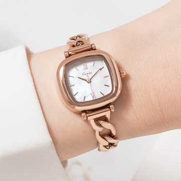 KIMIO美好記憶小方圓珍珠母貝金屬鍊真皮帶手錶【WKI6599】-白面玫金黑帶