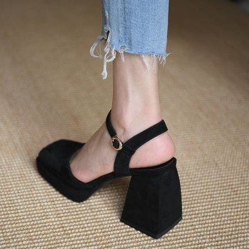 熊大叔女鞋~10cm~2025新款磨砂方頭真皮粗跟涼鞋防水臺高跟鞋包頭