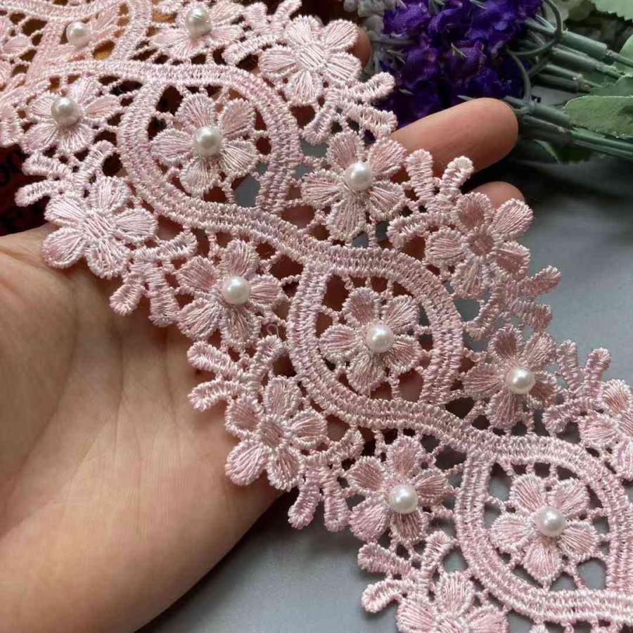 2ヤード8センチメートルピンク真珠 花 レーストリムリボンポリエステル刺繍生地ハンドメイドdiy 結婚式 縫製 品クラフト装飾