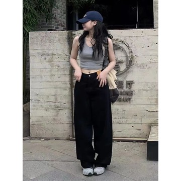 【🍇精選】S-5XL 大尺碼女裝 大碼美式黑色直筒牛仔褲女 100公斤 牛仔寬褲 大碼直筒褲 胖mm 寬鬆拖地褲闊腿褲