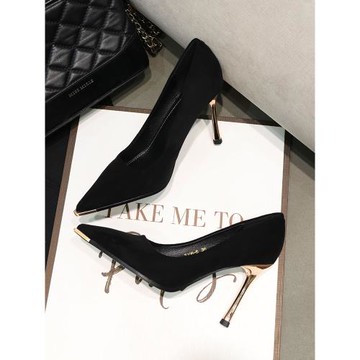 御姐高級感職業2025高跟鞋女黑色細跟氣質名媛絨面淺口不累腳單鞋