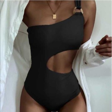 2021新款歐美純色連體泳衣女性感露腰泳裝單肩雙色泳裝swimsuit