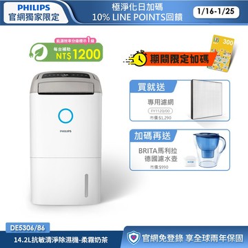 限時折1000★送2年份濾網+享節能補助$1200★飛利浦 14.2L抗敏清淨除濕機-柔霧奶茶(DE5306/86)-適用18坪