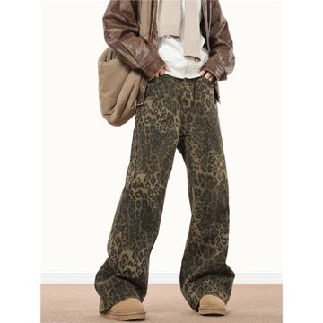 0123Start 美式復古小眾豹紋牛仔褲男女寬松潮牌嘻哈街舞直筒褲