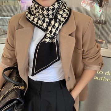 經典黑米千鳥格懶人穿孔毛線圍脖 秋冬護頸肩百搭保暖小圍巾女