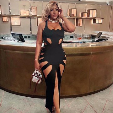 Sleeveless U-neck low-cut split dress無袖U領低胸開叉連衣裙