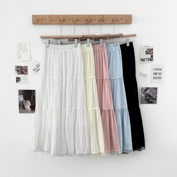 【Fee隔日到貨5色新品】高腰親膚飄逸顯瘦蛋糕長裙🔥鬆緊透膚拼接蕾絲滾邊蛋糕裙 裙子 白色長裙 半身裙 A字裙