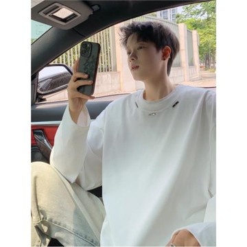 300g重磅小領口長袖T恤男純棉純色春秋款衛衣圓領白色內搭打底衫
