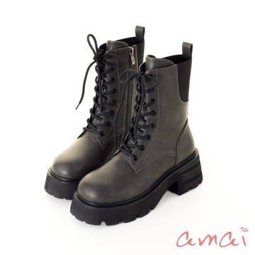 amai 率性綁帶異材質拼接輕量厚底中筒靴 中筒靴 厚底靴 切爾西靴 厚底 英倫風 時尚 大尺碼 灰色 GB916GY