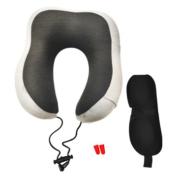 旅遊用品 U型枕記憶棉旅行枕頭 灰色 枕頭+眼罩+耳塞  展開 29 x 25 x 15cm 收納 14 x 14 x 17cm