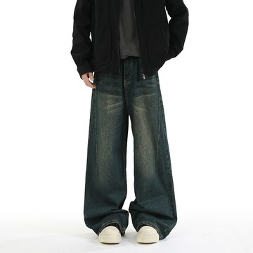 秋冬季新款潮流復古牛仔褲男水洗做舊寬鬆直筒闊腿休閒長褲男