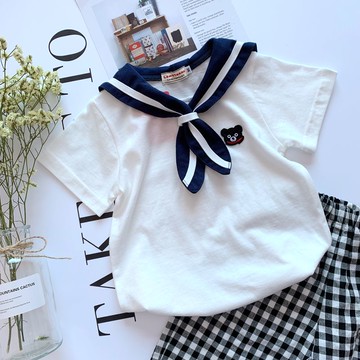 外貿童裝男女童短袖 夏款學院風海軍領半袖T恤寶寶兒童上衣打底衫