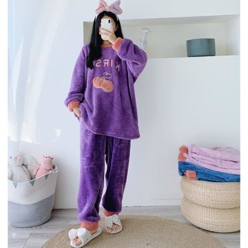 刺繡法蘭絨睡衣女冬季加厚套裝加大碼胖mm200斤保暖珊瑚絨家居服