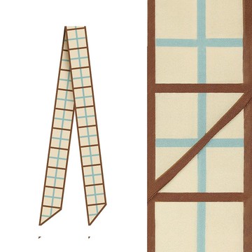 retar 褐青淺米格紋緞帶式長條絲巾復古髮帶腰帶桑蠶絲真絲圍巾