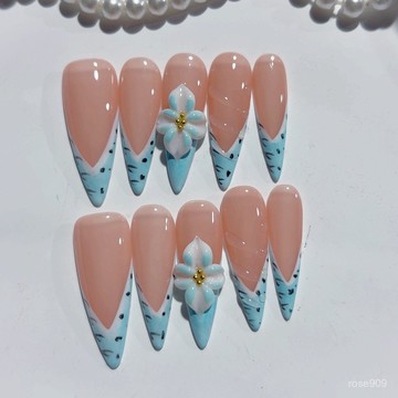 ✨Hannah✨夏威夷藍瓷花朵手工穿戴甲新款法式漸變百搭清新美甲純手工穿戴甲 Y5EM