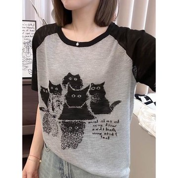 貓咪竹節棉t恤女2025新款夏圓領寬松薄款透氣設計感拼色短袖上衣