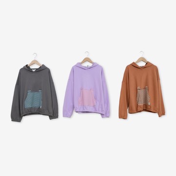 【Dailo】熊耳拼接條紋連帽T 駝 紫 灰(魅力商品)