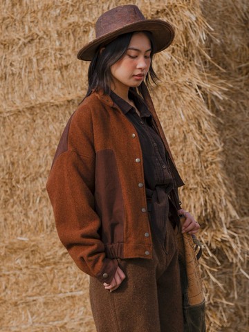 2顔色 秋冬羊毛棉拼片外套 立領短款復古開衫外套