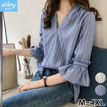 【V3804】shiny藍格子-洋氣港風‧抽繩花邊喇叭袖直條紋V領長袖襯衫