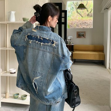 胖胖美依 上衣 牛仔外套 外套 牛仔衫S-XL 新款復古中長款磨破牛仔外套寬鬆顯瘦水洗上衣-8774.