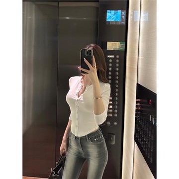 SX善喜基礎百搭3色入圓領中袖T恤女洋氣彈力修身氣質顯瘦針織上衣