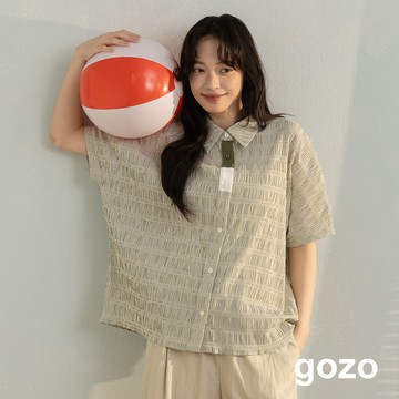 【gozo】皺皺撞色門襟透氣連袖襯衫(白色/綠色_F) | 女裝 襯衫領 休閒