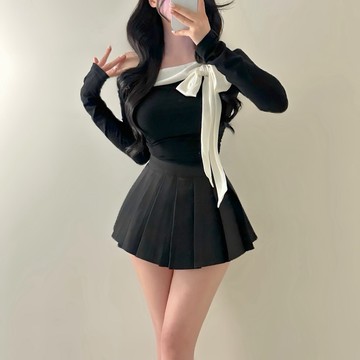 🇰🇷Korea韓國連線·正韓 ㄧ字領蝴蝶結綁帶長袖T 長袖上衣 長袖T恤 ㄧ字領上衣 露肩上衣 甜美風 蝴蝶結上衣 女裝