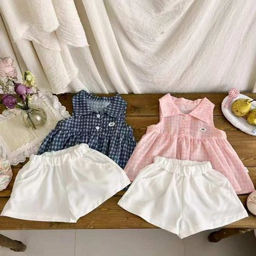 mori🎀mori女童夏季格子翻領無袖套裝寶寶韓系背心娃娃衫純色短褲清新兩件套