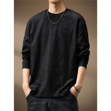 高端日系復古竹節棉簡約刺繡長袖T恤男士秋季加絨寬松大碼體恤男