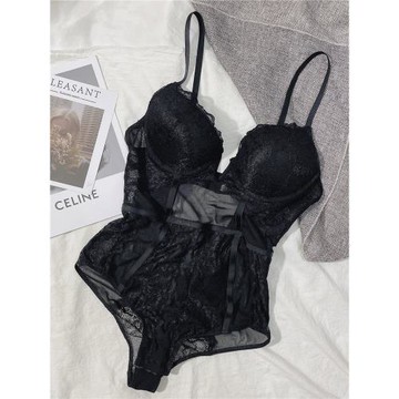 連體內衣內褲一體上托性感吊帶蕾絲塑身綁帶深V美背文胸黑色背心