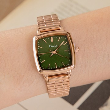 KIMIO初光微暖簡約摩登方形金屬鍊帶手錶【WKI6526】-綠面玫金帶