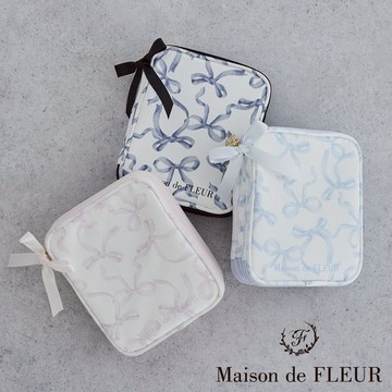 Maison de FLEUR 甜美蝴蝶結絲帶印花迷你拉鍊翻蓋收納包(08001080600)