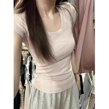 ROOLRREN 短袖T恤 正肩上衣 u領上衣 美式 修身 顯瘦上衣 ins風衣服 收腰上衣 氣質 素色 基礎款 打底衫