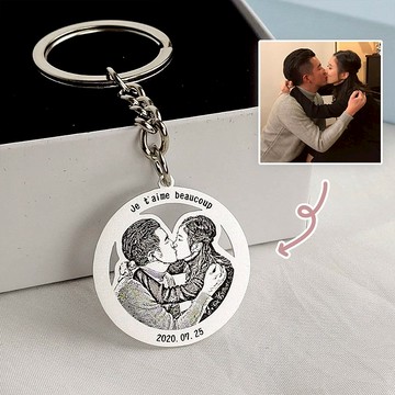 純銀照片影雕 外框圓 鑰匙圈 七夕 情人節 生日 情侶 紀念 雷射