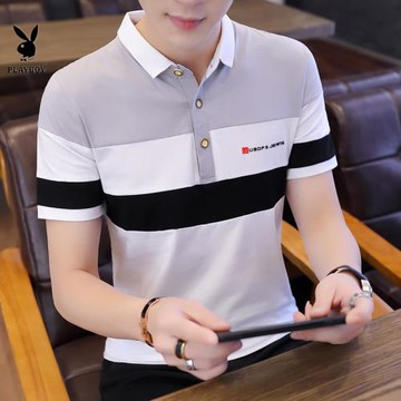 花花公子正品夏季新款男士修身純棉翻領短袖t恤青年透氣薄款t恤潮