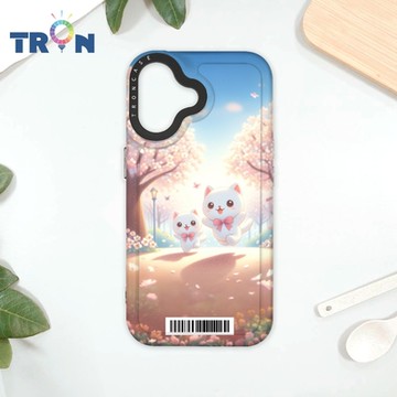 TRON IPhone 16 櫻花插畫風格白貓咪 防摔太空載具殼 透黑 軟硬 手機殼