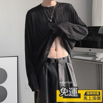🔥優品🔥 鞦季長袖T恤男學生韓版寬鬆褶皺紋理上衣氣質圓領套頭休閒男裝潮