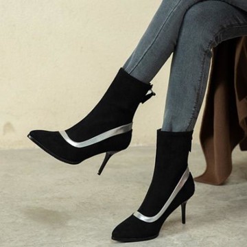 歐美潮仙女風高跟女靴拼色顯瘦絨面細高跟短靴大碼44 45 46 47 48